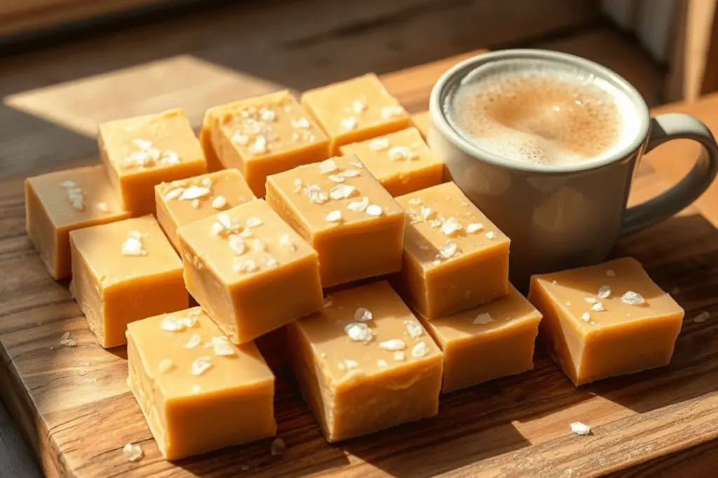 Creamy butterbeer fudge squares topped with flaky sea salt, beautifully arranged on a wooden serving board.