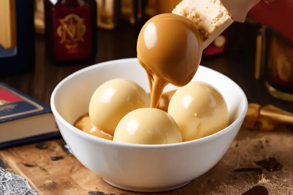 A frozen butterbeer cheesecake pop being dipped into melted butterscotch-flavored white chocolate, creating a smooth, golden coating.