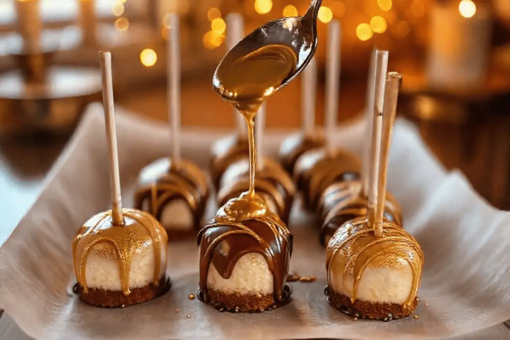 Butterbeer cheesecake pops drizzled with shimmering gold chocolate, creating an elegant, magical finish.