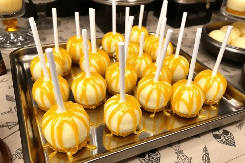 Golden-drizzled Butterbeer Cheesecake Pops displayed on a magical Hogwarts-inspired dessert table with themed decorations and warm lighting.