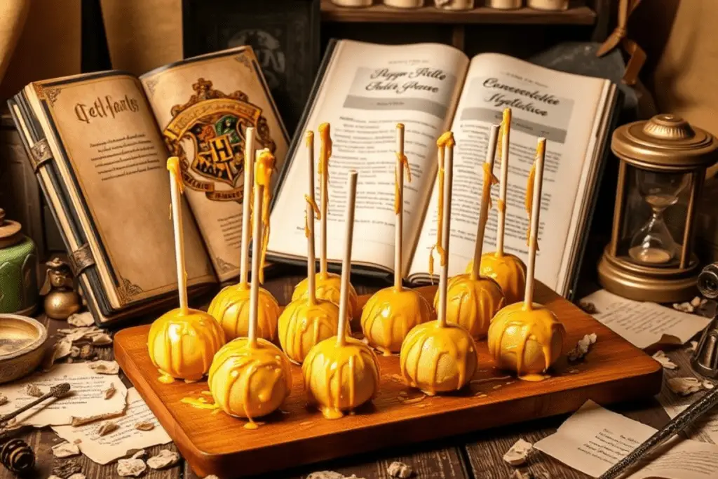 Golden-drizzled Butterbeer Cheesecake Pops displayed on a magical Hogwarts-inspired dessert table with themed decorations and warm lighting.