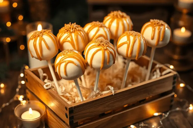 Golden-drizzled Butterbeer Cheesecake Pops displayed on a magical Hogwarts-inspired dessert table with themed decorations and warm lighting.