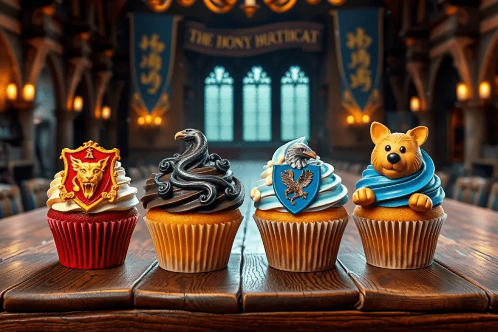 Four Hogwarts house cupcakes with themed colors and decorations, placed in a magical Great Hall setting with house banners and floating candles.