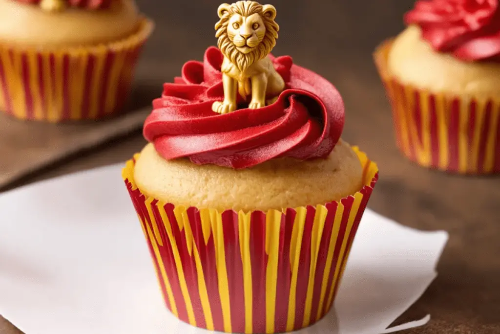 Gryffindor-themed butterbeer cupcake with red and gold swirled frosting, a mini lion crest, and a house-striped wrapper.

