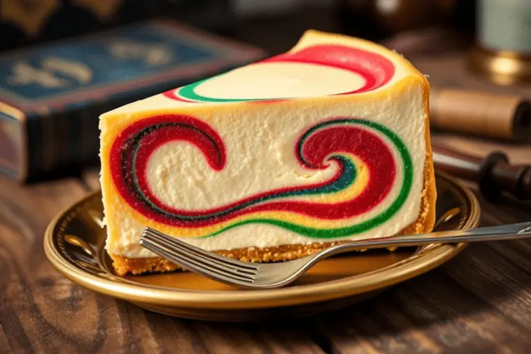 A slice of Butterbeer Swirl Cheesecake with red, blue, green, and yellow swirls on a gold-rimmed plate, with the full cheesecake in the background, set in a Harry Potter-inspired scene.