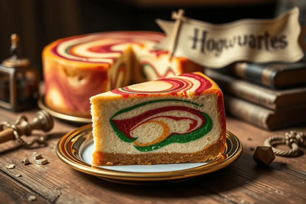 A slice of Butterbeer Swirl Cheesecake with red, blue, green, and yellow swirls on a gold-rimmed plate, with the full cheesecake in the background, set in a Harry Potter-inspired scene.