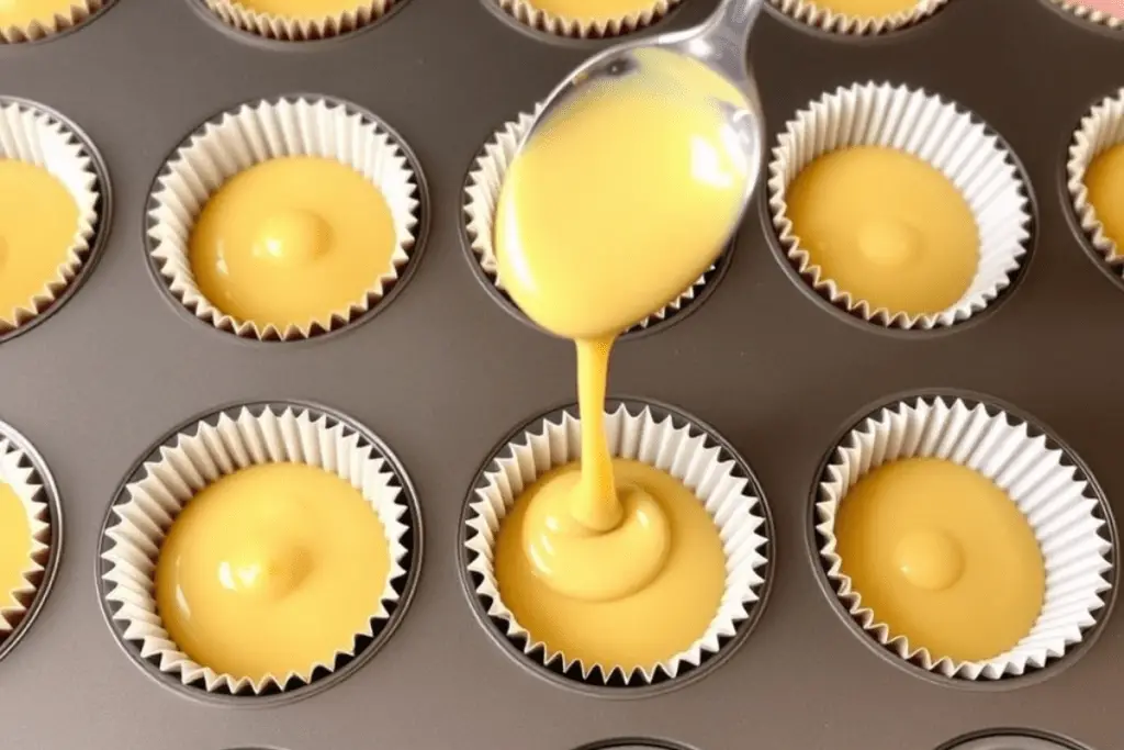 Muffin tin with cupcake liners being filled with rich butterbeer batter, ready to bake into soft, flavorful cupcakes.