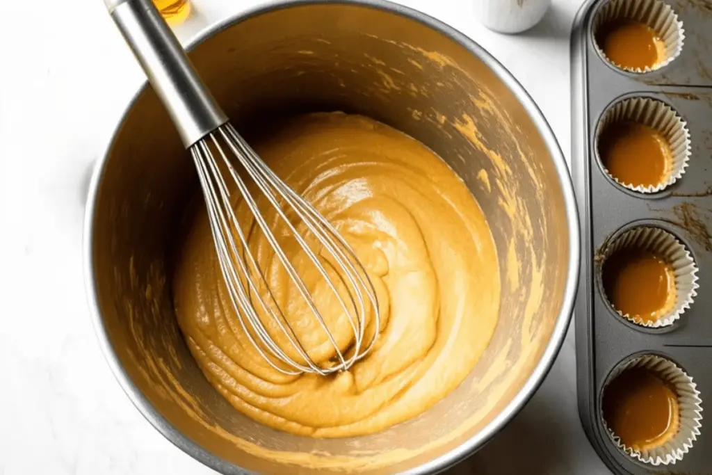 Butterbeer cupcake batter being whisked in a bowl, with butterscotch sauce, butterbeer, and a cupcake tray ready for baking.