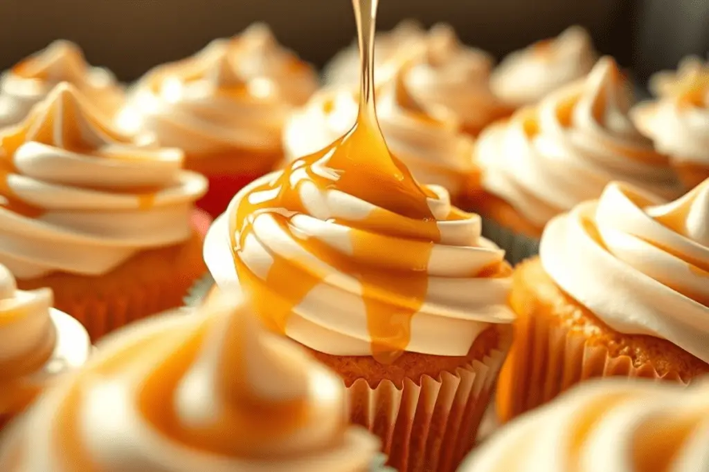 Butterscotch glaze being drizzled over butterbeer cupcakes, creating a rich, golden finish with a luscious caramelized sheen.