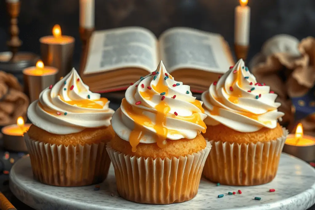 Butterbeer cupcakes with glossy butterscotch glaze, topped with edible gold stars and Hogwarts-themed sprinkles on a magical dessert table.