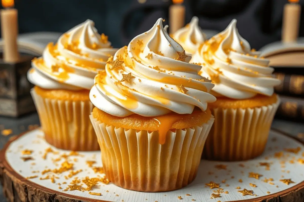 Butterbeer cupcakes with glossy butterscotch glaze, topped with edible gold stars and Hogwarts-themed sprinkles on a magical dessert table.