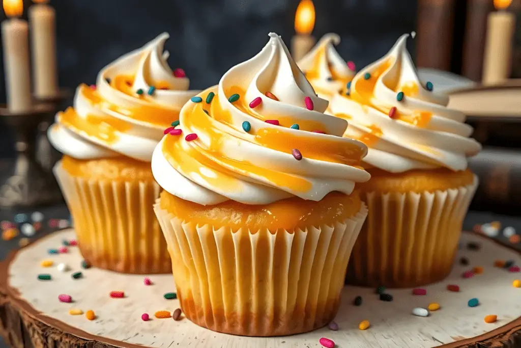 Butterbeer cupcakes with glossy butterscotch glaze, topped with edible coloured sprinkles and Hogwarts-themed sprinkles on a magical dessert table.