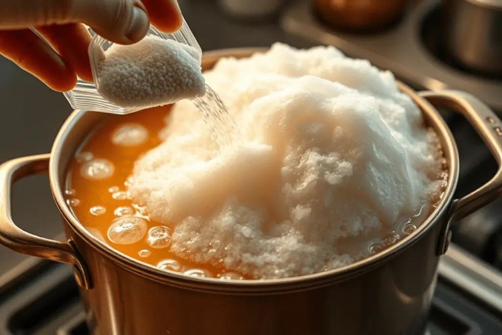 Hand adding baking soda to a foaming honeycomb mixture in a pot.