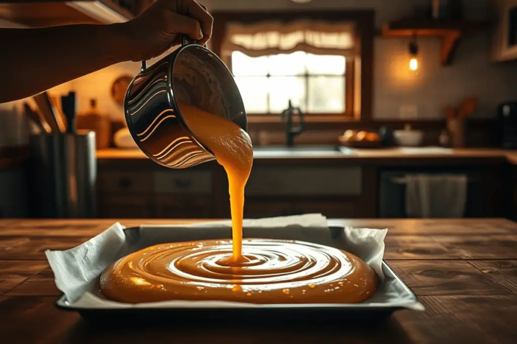 A person pouring a bubbling honeycomb mixture onto a baking sheet.