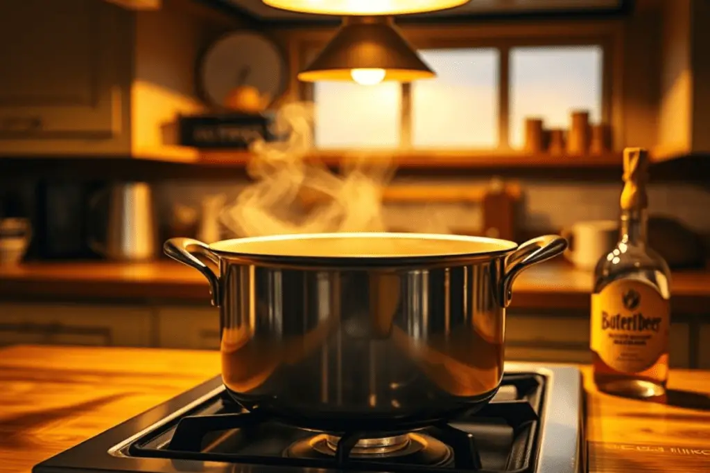 A saucepan simmering with caramel ingredients and a bottle of butterbeer flavoring.