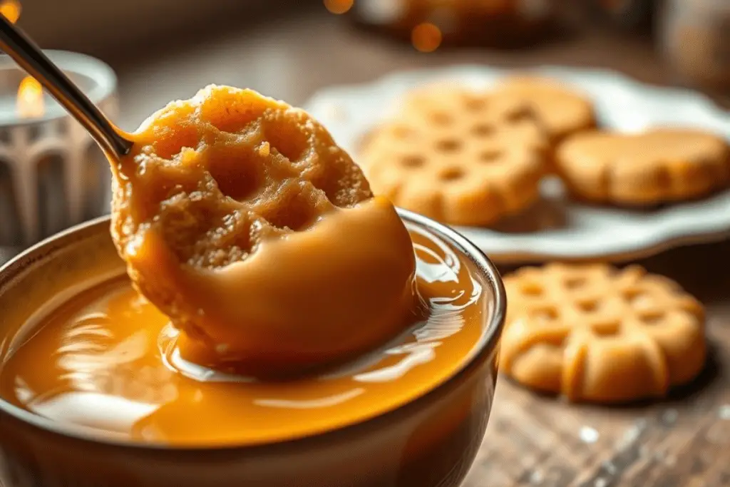 A piece of honeycomb being dipped into smooth butterbeer caramel sauce.