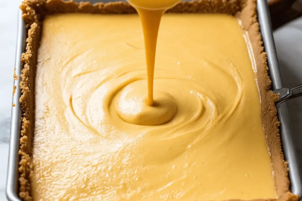 Velvety butterbeer cheesecake filling being poured over a crisp graham cracker crust, creating a rich and creamy base.