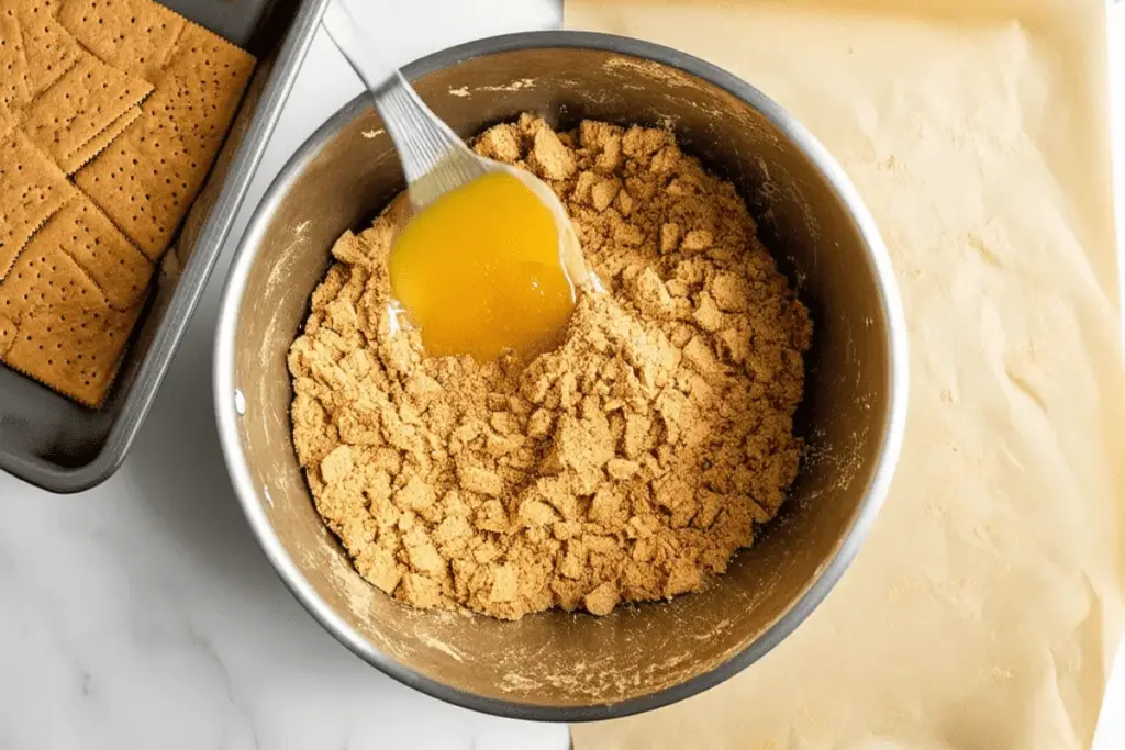 Golden graham cracker crumbs mixed with melted butter, forming the perfect buttery crust for butterbeer cheesecake bars.