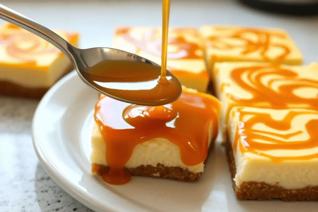 Smooth butterscotch glaze drizzled over creamy butterbeer cheesecake bars, adding a rich and sweet finishing touch.