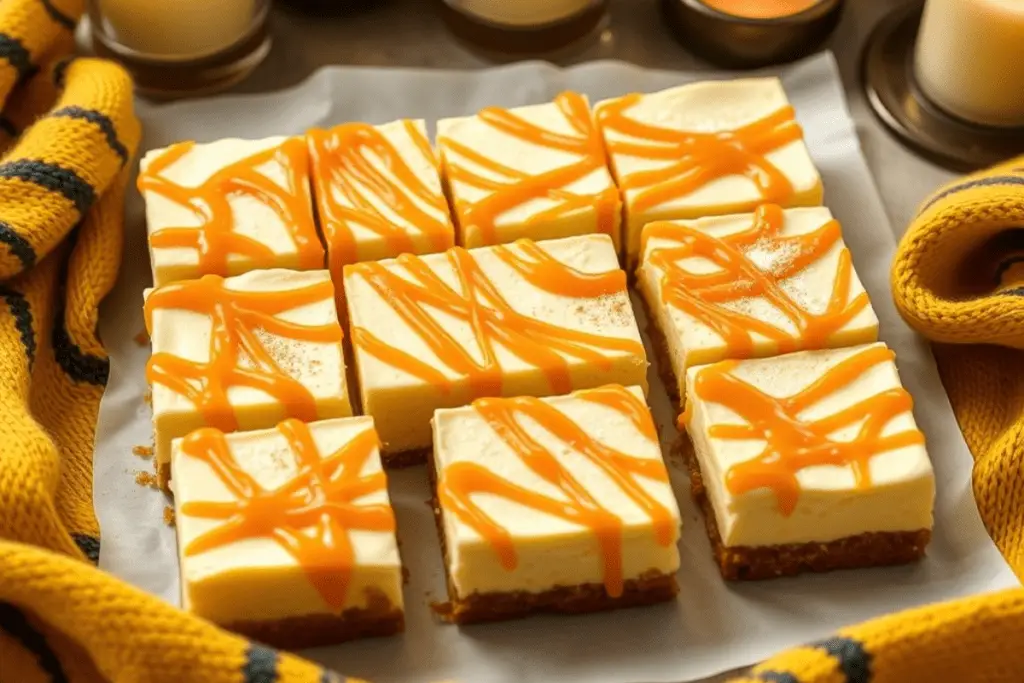 The finished cheesecake bars are cut into neat squares, each topped with extra butterscotch drizzle. They are displayed on a rustic wooden platter, surrounded by soft yellow hues, Hufflepuff scarves, and cozy candlelight, enhancing the warm and inviting atmosphere.