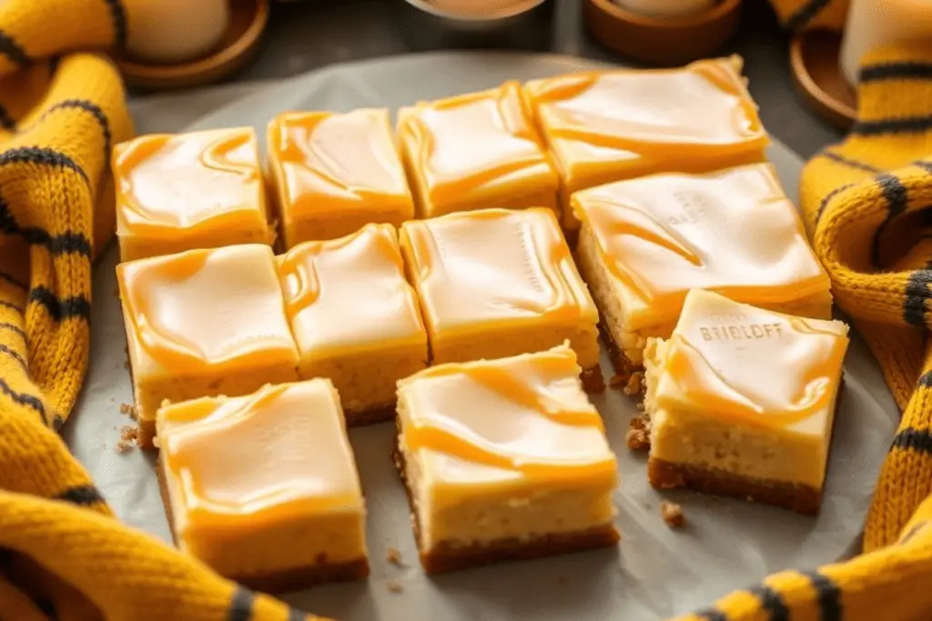 The finished cheesecake bars are cut into neat squares, each topped with extra butterscotch drizzle. They are displayed on a rustic wooden platter, surrounded by soft yellow hues, Hufflepuff scarves, and cozy candlelight, enhancing the warm and inviting atmosphere.