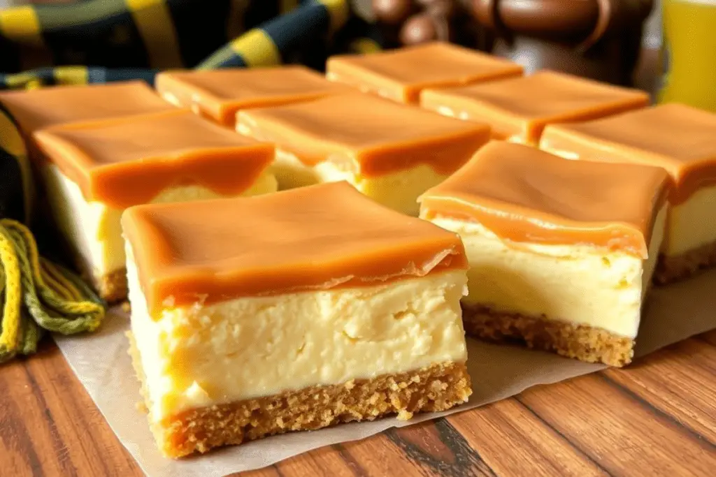 Hufflepuff butterbeer cheesecake bars with a golden butterscotch drizzle, styled in a warm, magical setting with cozy Hogwarts-inspired details.