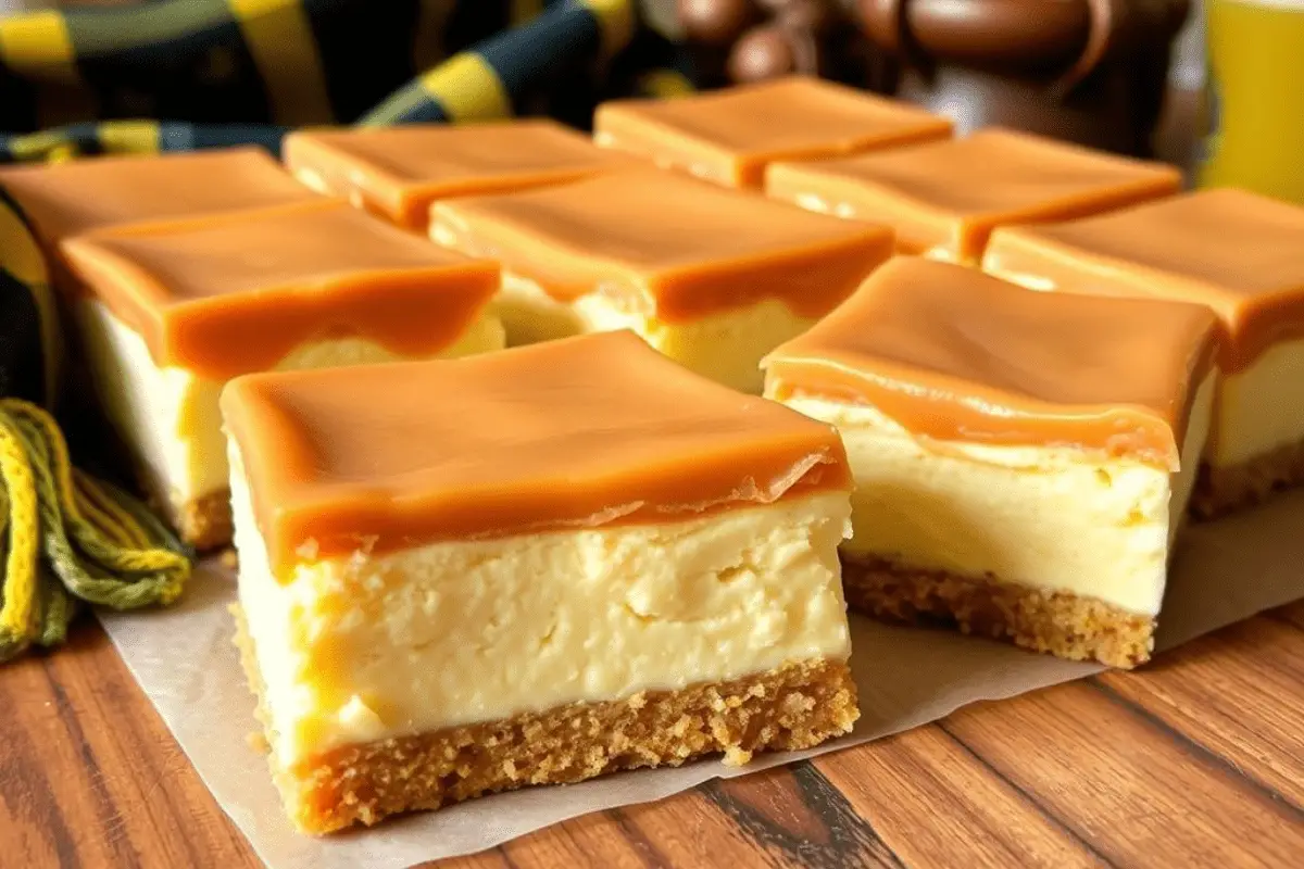 Hufflepuff butterbeer cheesecake bars with a golden butterscotch drizzle, styled in a warm, magical setting with cozy Hogwarts-inspired details.