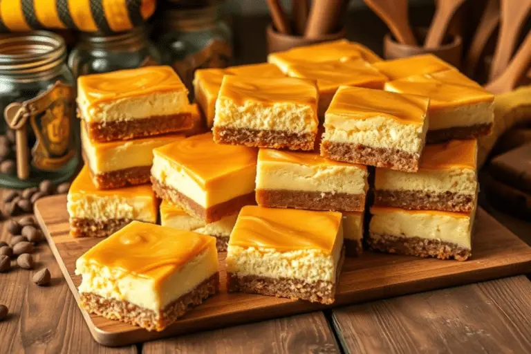 Hufflepuff butterbeer cheesecake bars with a golden butterscotch drizzle, styled in a warm, magical setting with cozy Hogwarts-inspired details.