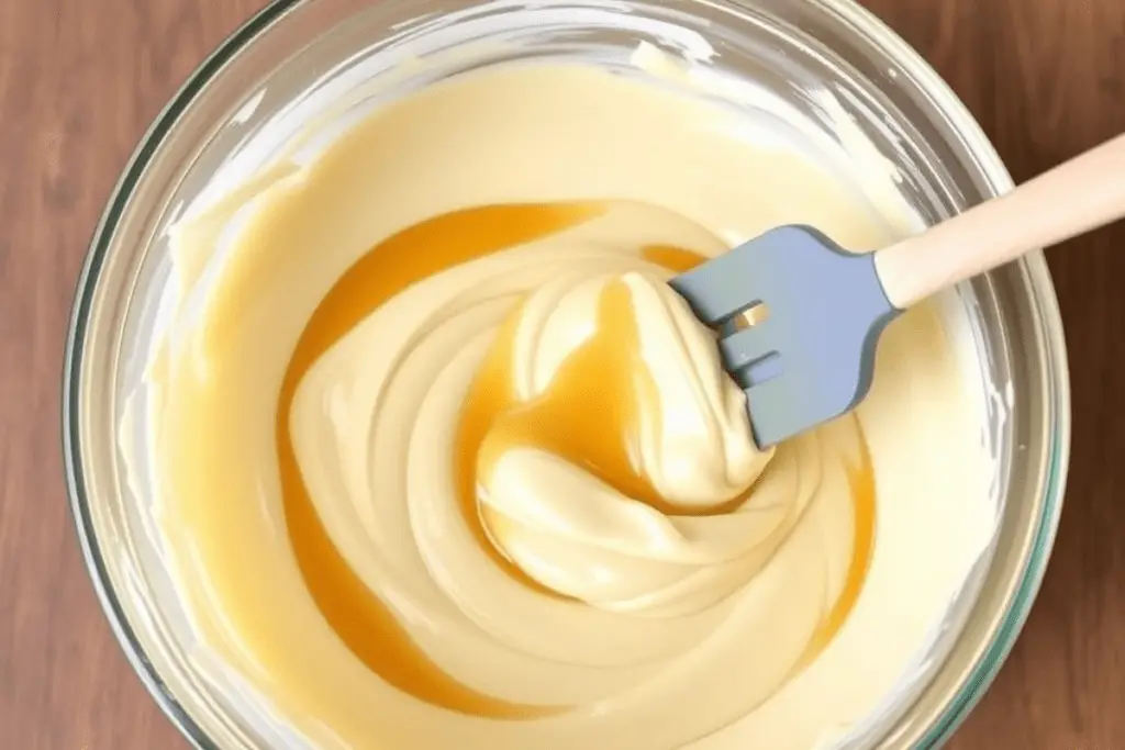 Velvety butterbeer cheesecake batter being mixed in a bowl, infused with butterscotch syrup for a rich flavor.