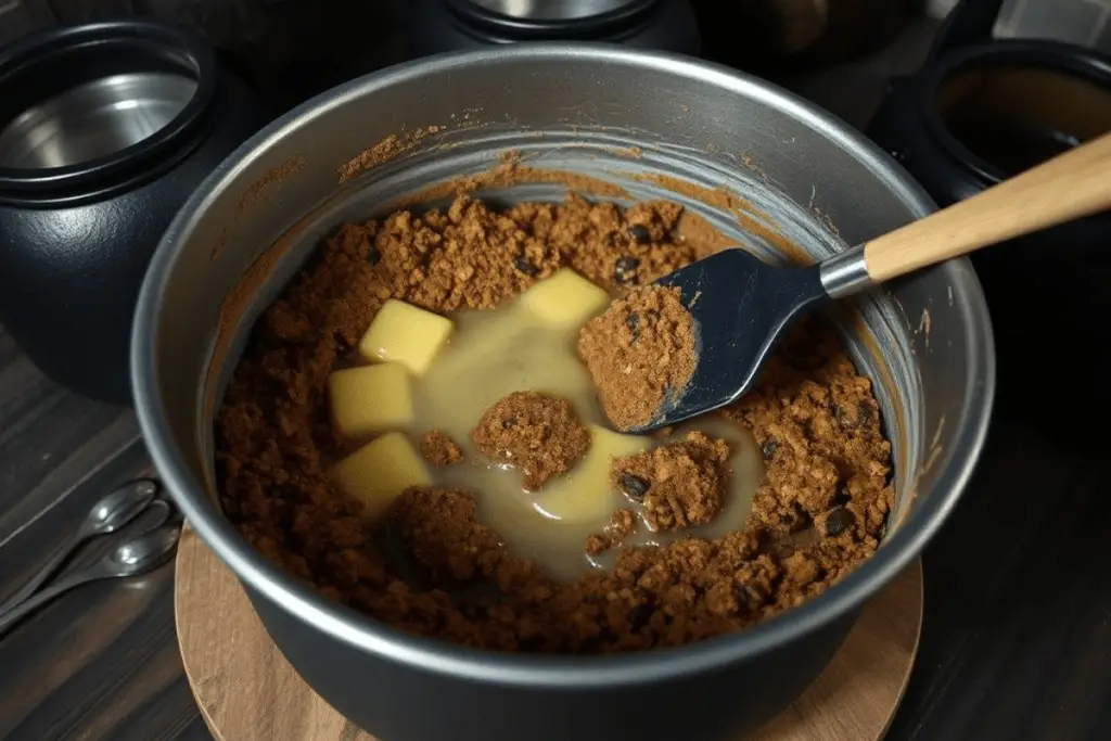 cookie crust being pressed into a springform pan, creating the base for a Polyjuice Potion-inspired cheesecake.