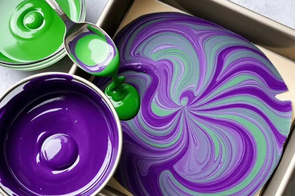 Vibrant green and purple cheesecake batter being swirled together in a baking pan, creating a magical Polyjuice Potion effect.