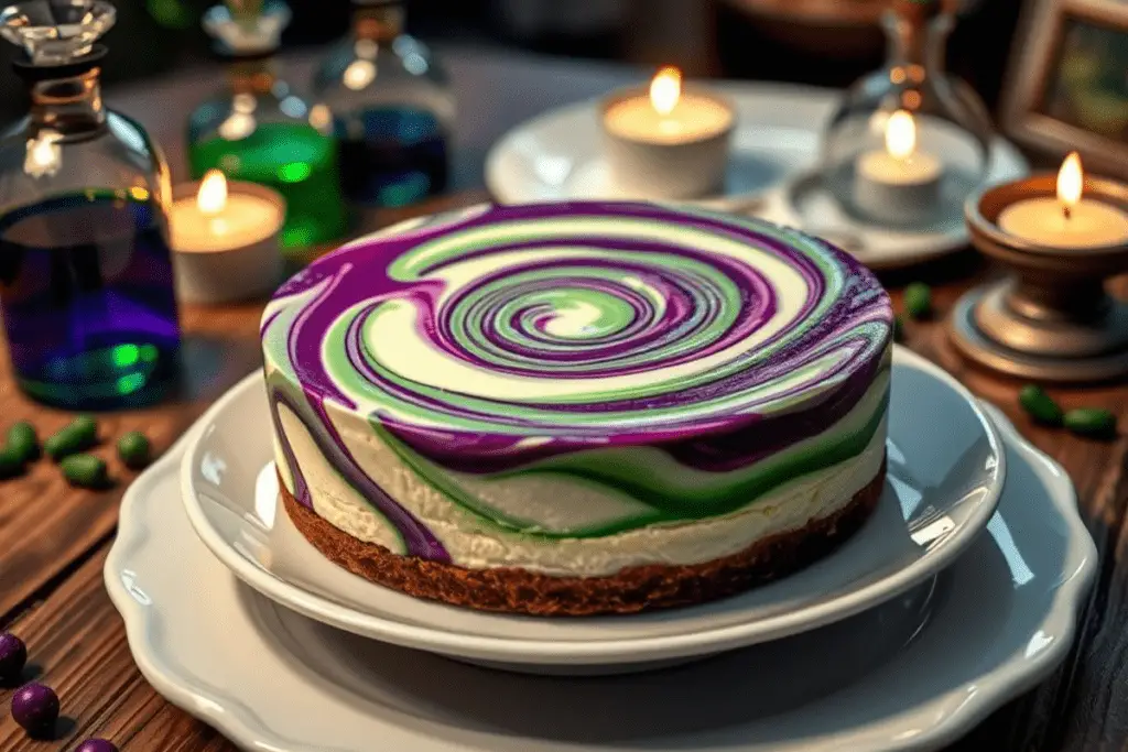 Polyjuice Potion Swirl Cheesecake with green and purple swirls, styled in a magical setting with potion-themed Harry Potter decor.