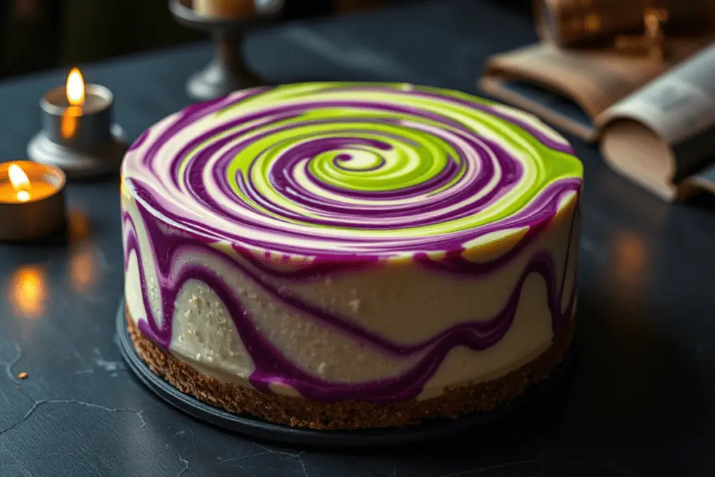 Polyjuice Potion Swirl Cheesecake with green and purple swirls, styled in a magical setting with potion-themed Harry Potter decor.