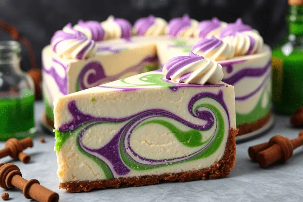 Polyjuice Potion Swirl Cheesecake slice with green and purple swirls, styled in a magical setting with potion-themed Harry Potter decor.