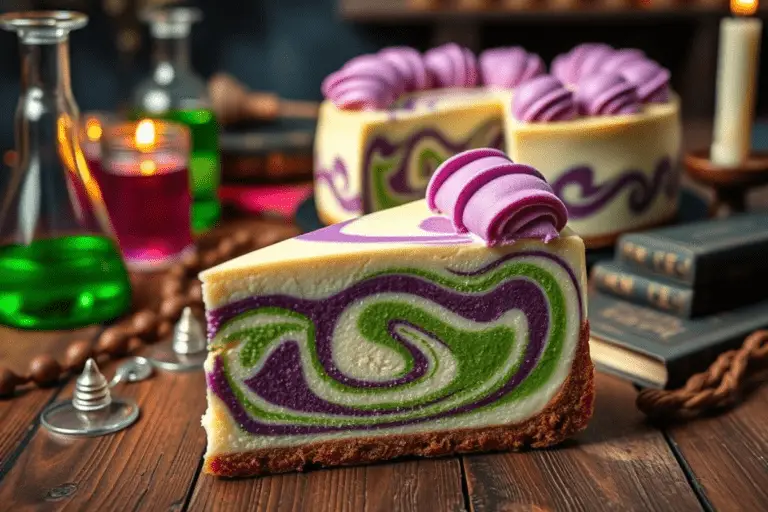 Polyjuice Potion Swirl Cheesecake slice with green and purple swirls, styled in a magical setting with potion-themed Harry Potter decor.