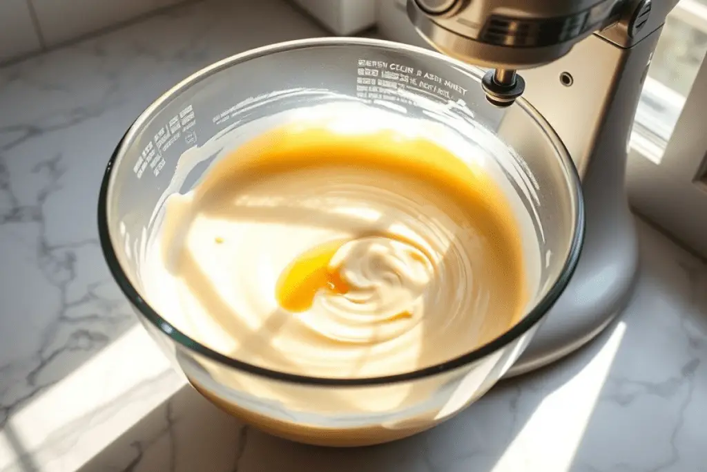 Creamy cheesecake batter being prepared as part of the process to create a decadent Ravenclaw Blueberry Swirl Cheesecake