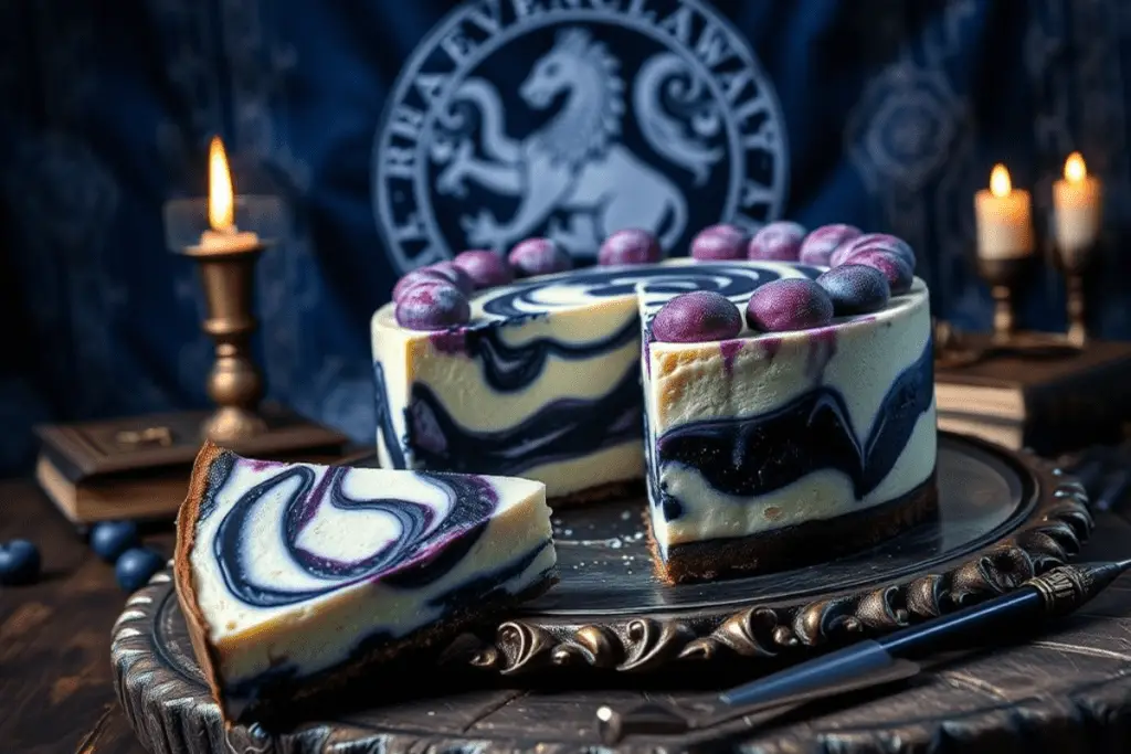 A Ravenclaw Blueberry Swirl Cheesecake with a slice beside it, set in a magical Harry Potter-themed background featuring the Ravenclaw sigil, floating candles, and enchanted books.