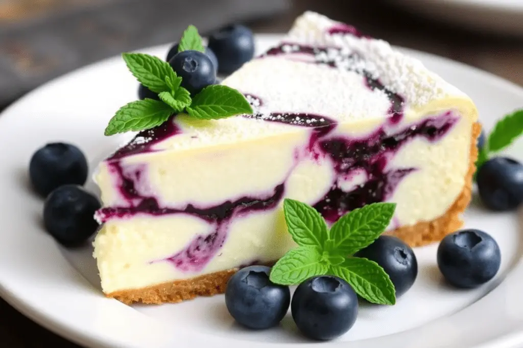 A Ravenclaw Blueberry Swirl Cheesecake with a slice beside it, set in a magical Harry Potter-themed background featuring the Ravenclaw sigil, floating candles, and enchanted books.