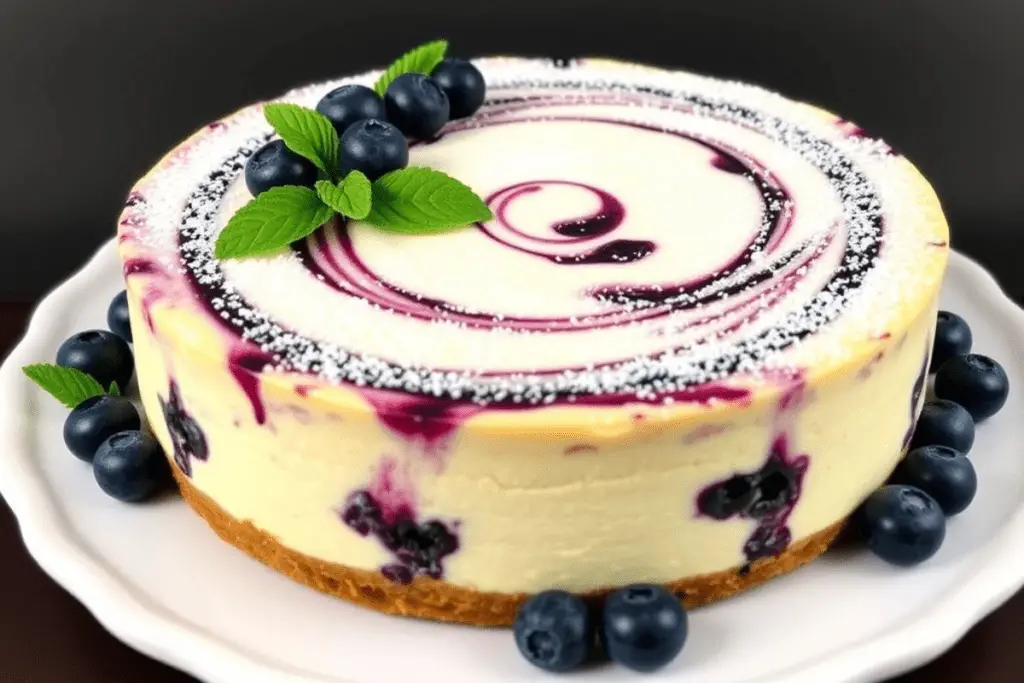 A Ravenclaw Blueberry Swirl Cheesecake with a slice beside it, set in a magical Harry Potter-themed background featuring the Ravenclaw sigil, floating candles, and enchanted books.