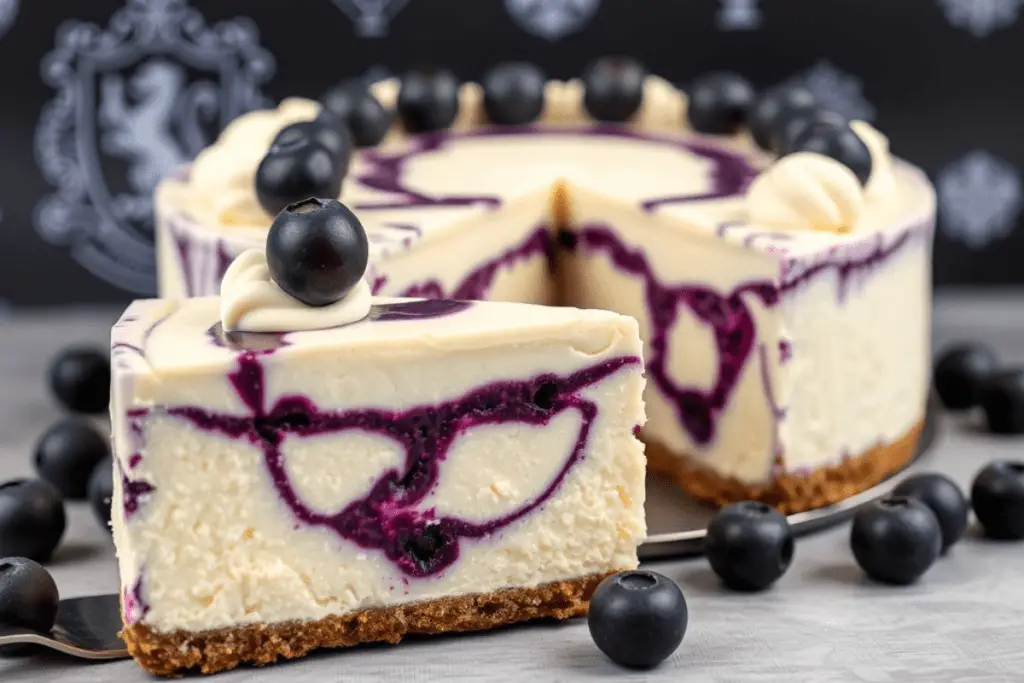 A Ravenclaw Blueberry Swirl Cheesecake with a slice beside it, set in a magical Harry Potter-themed background featuring the Ravenclaw sigil, floating candles, and enchanted books.