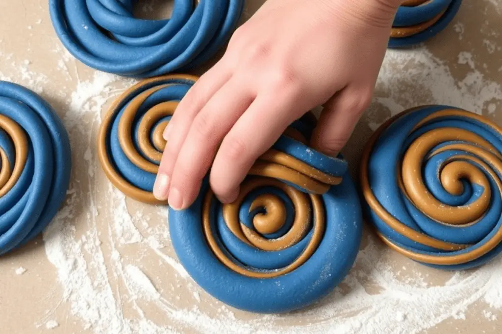 Blue and bronze butterbeer cookie dough being twisted and rolled into a perfect spiral, forming Ravenclaw-inspired cookies.