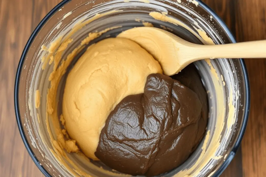 A bowl of butterbeer cookie dough divided into blue and bronze portions, ready to be shaped into Ravenclaw-inspired swirl cookies.