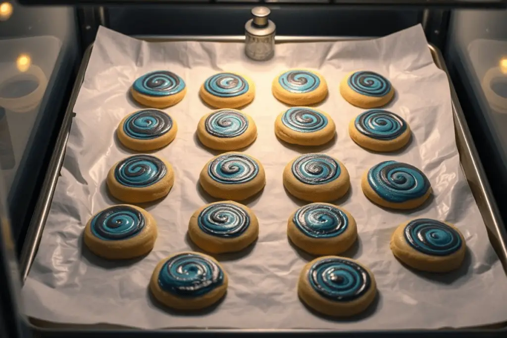 A tray of Ravenclaw swirl butterbeer cookie dough chilling in the fridge, preserving the striking blue and bronze colors before baking.