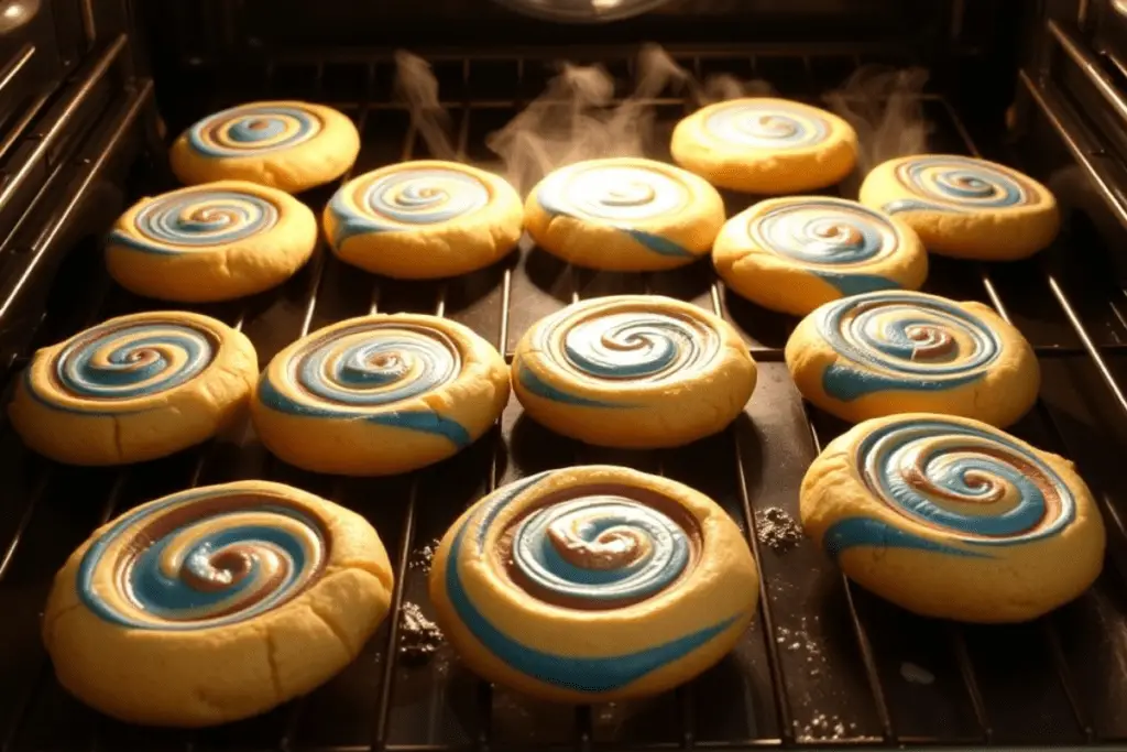 Freshly baked Ravenclaw swirl butterbeer cookies on a tray, with golden edges and a soft, chewy texture, fresh from the oven.