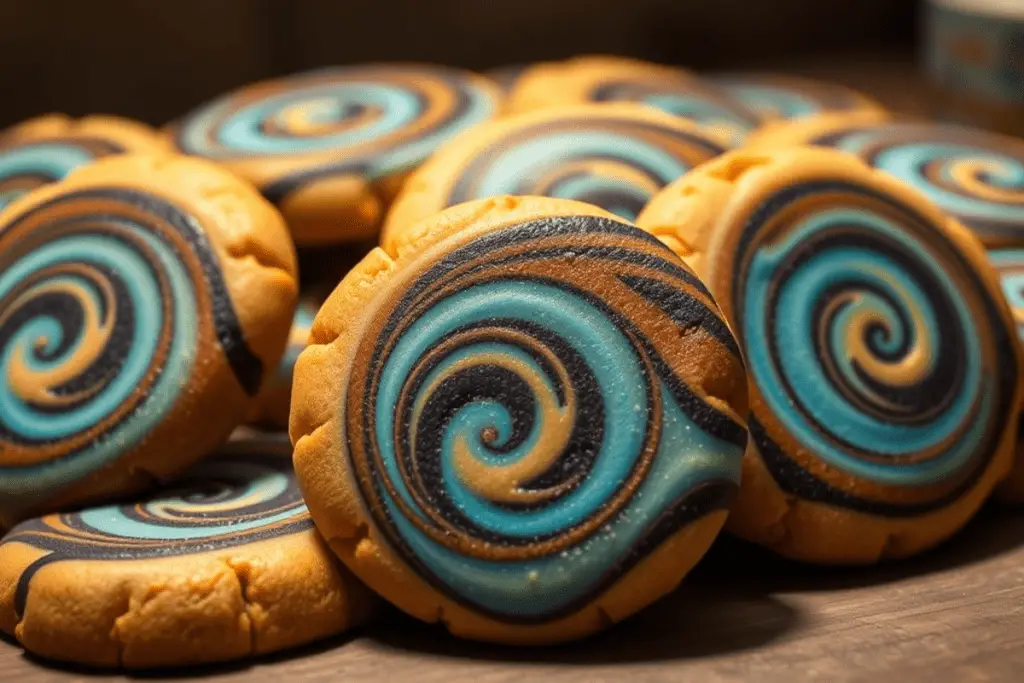 Ravenclaw butterbeer swirl cookies with shimmering bronze accents, beautifully arranged on a themed dessert plate, ready to serve.