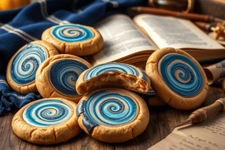 Ravenclaw butterbeer swirl cookies with shimmering bronze accents, beautifully arranged on a themed dessert plate, ready to serve.