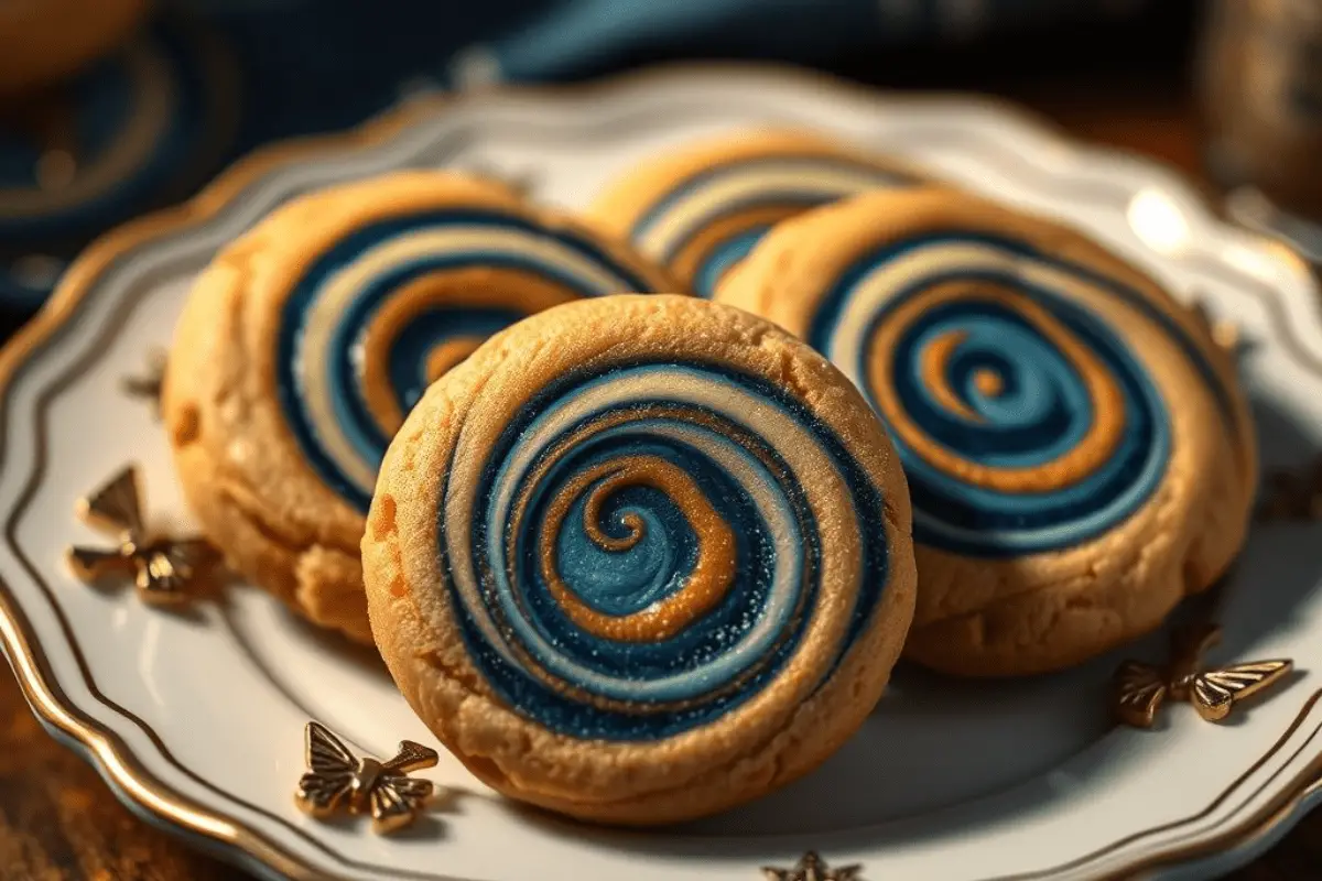 Ravenclaw butterbeer swirl cookies with shimmering bronze accents, beautifully arranged on a themed dessert plate, ready to serve.