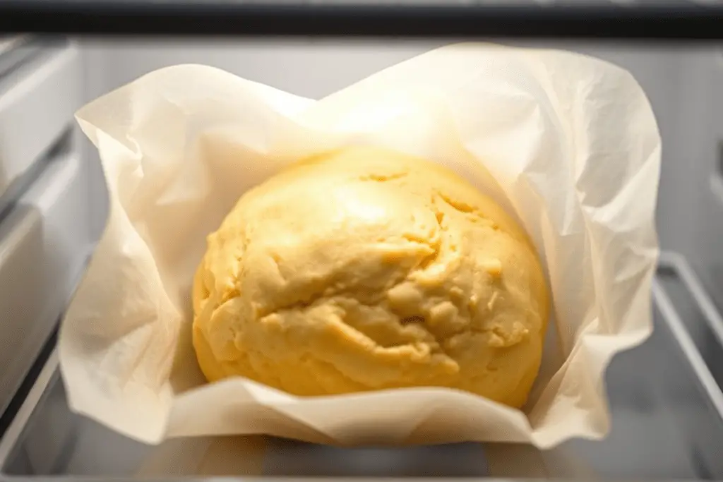 Chilled lemon cookie dough wrapped in parchment paper, resting in the refrigerator to enhance texture and flavor.