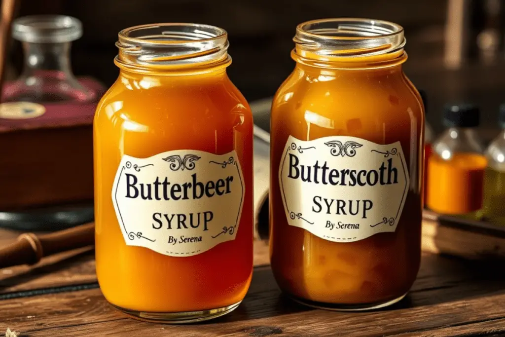 Two jars and a small glass jar filled with Harry Potter-inspired syrups—one labeled Butterbeer Syrup, with a creamy golden-brown hue, and the other labeled Butterscotch Syrup, rich and glossy. The syrup drizzles from a spoon into one of the mugs, creating a warm and inviting feel. The setting is a cozy wooden kitchen counter, with subtle Harry Potter-themed elements like a Hogwarts crest, an old spellbook, or a wizard’s wand placed in the background for a magical touch.