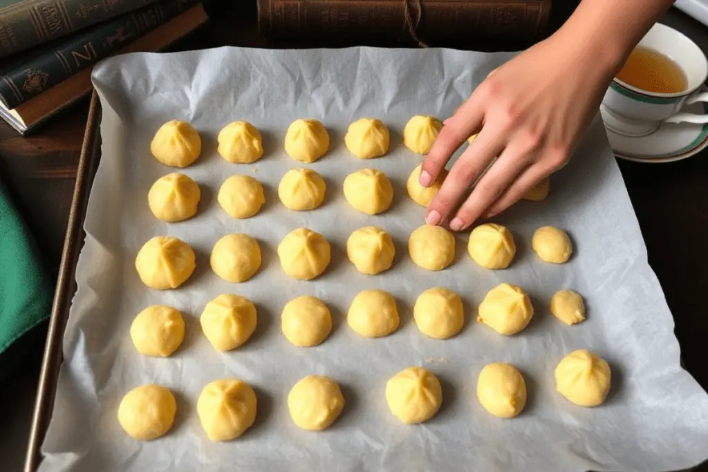 Freshly baked lemon cookies cooling on a parchment-lined tray, with a light golden hue and a soft, citrusy aroma.